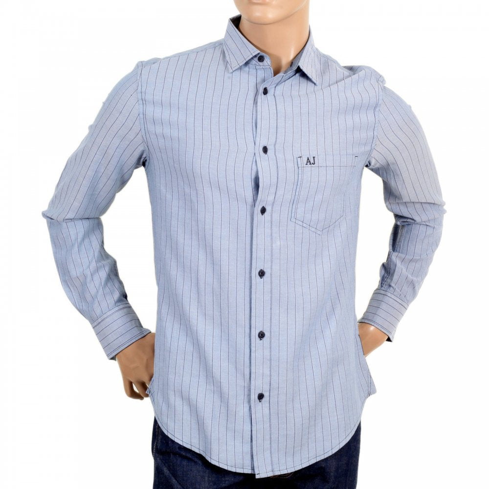 Mens Blue Striped Long Sleeve Soft Collar Shirt