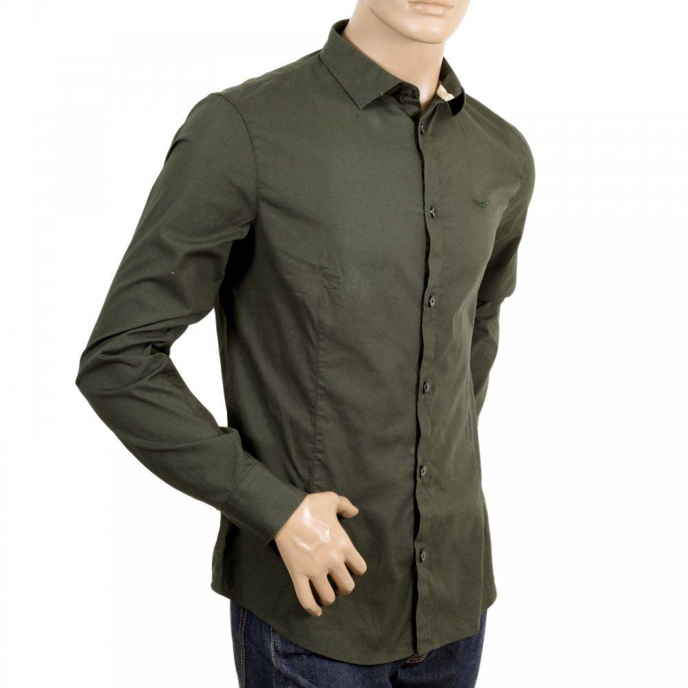 Mens Long Sleeve Green Stretch Cotton Slim Fit Shirt