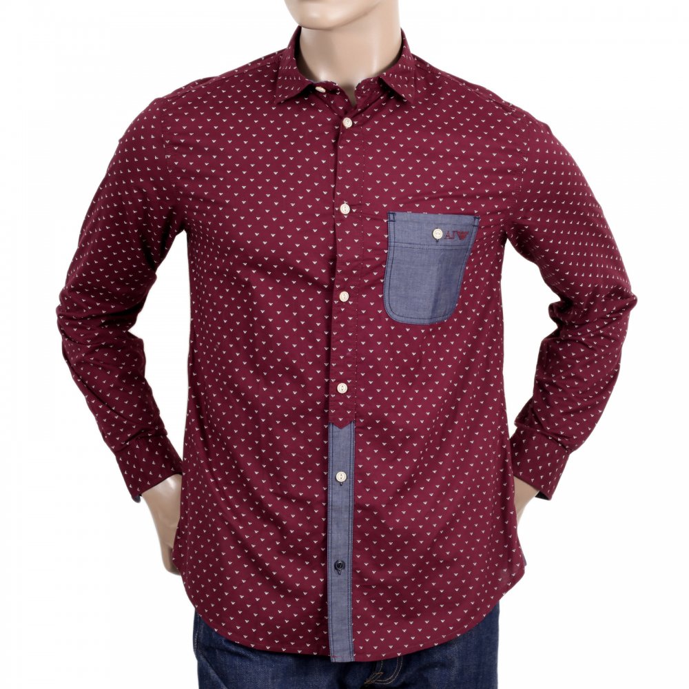 Mens Regular Fit Denim Blue Long Sleeve Shirt in Bordeaux