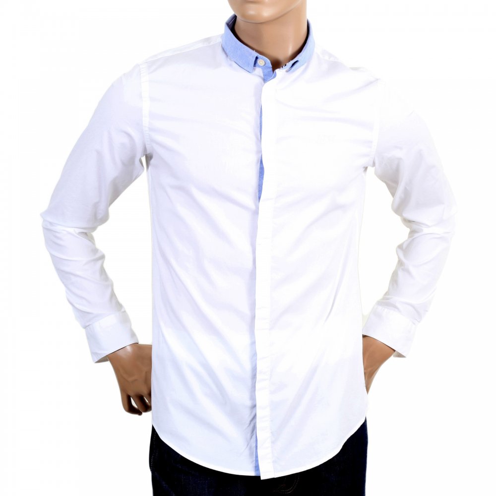 Mens Stretch Cotton Slim Fit Long Sleeve Shirt in White