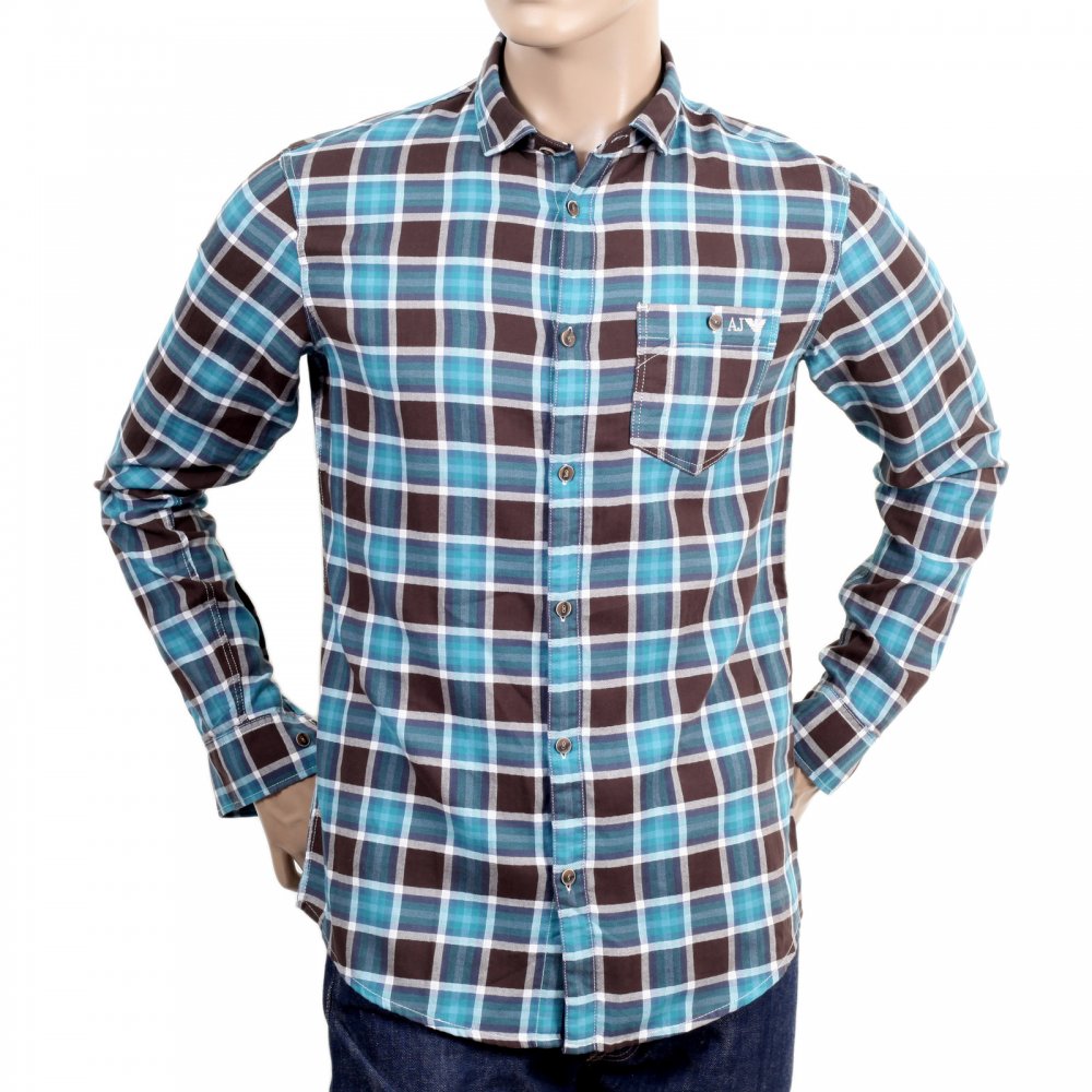 Blue and Brown Check Stretch Cotton Mens Slim Fit Shirt