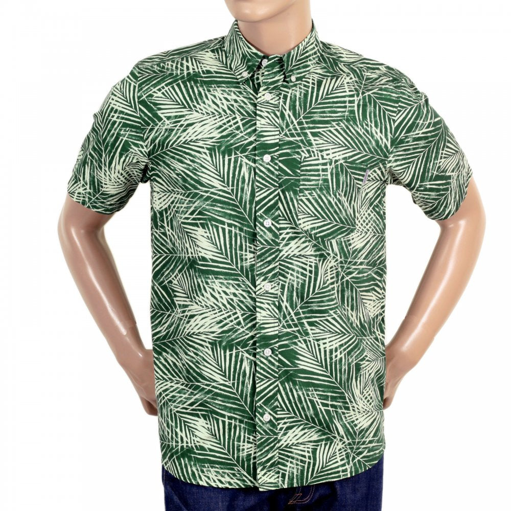 Mens Cayman Planet Palm Print Cotton Short Sleeve Regular Fit Green Shirt