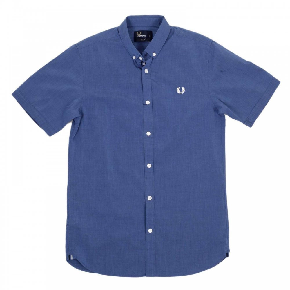 Mens Short Sleeve Slim Fit Mid Blue Shirt in Cotton