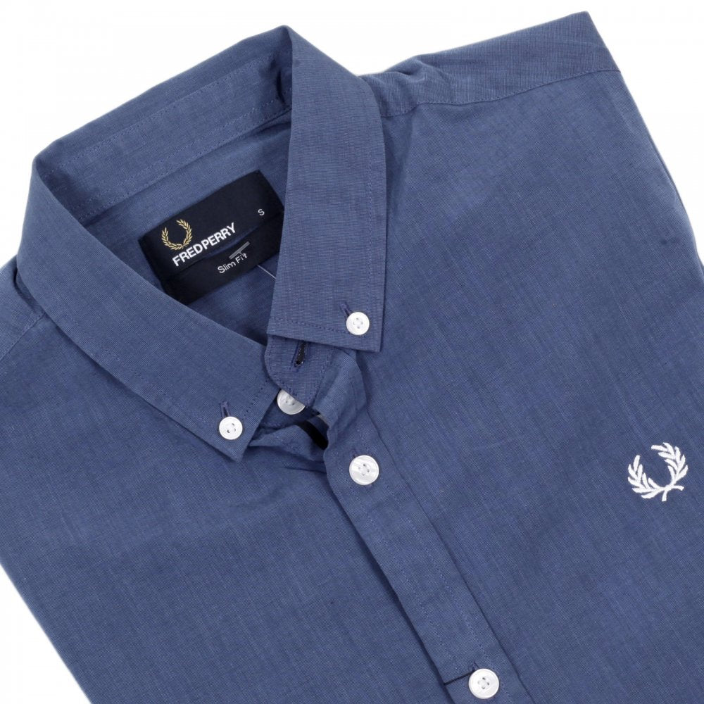 Mens Short Sleeve Slim Fit Mid Blue Shirt in Cotton