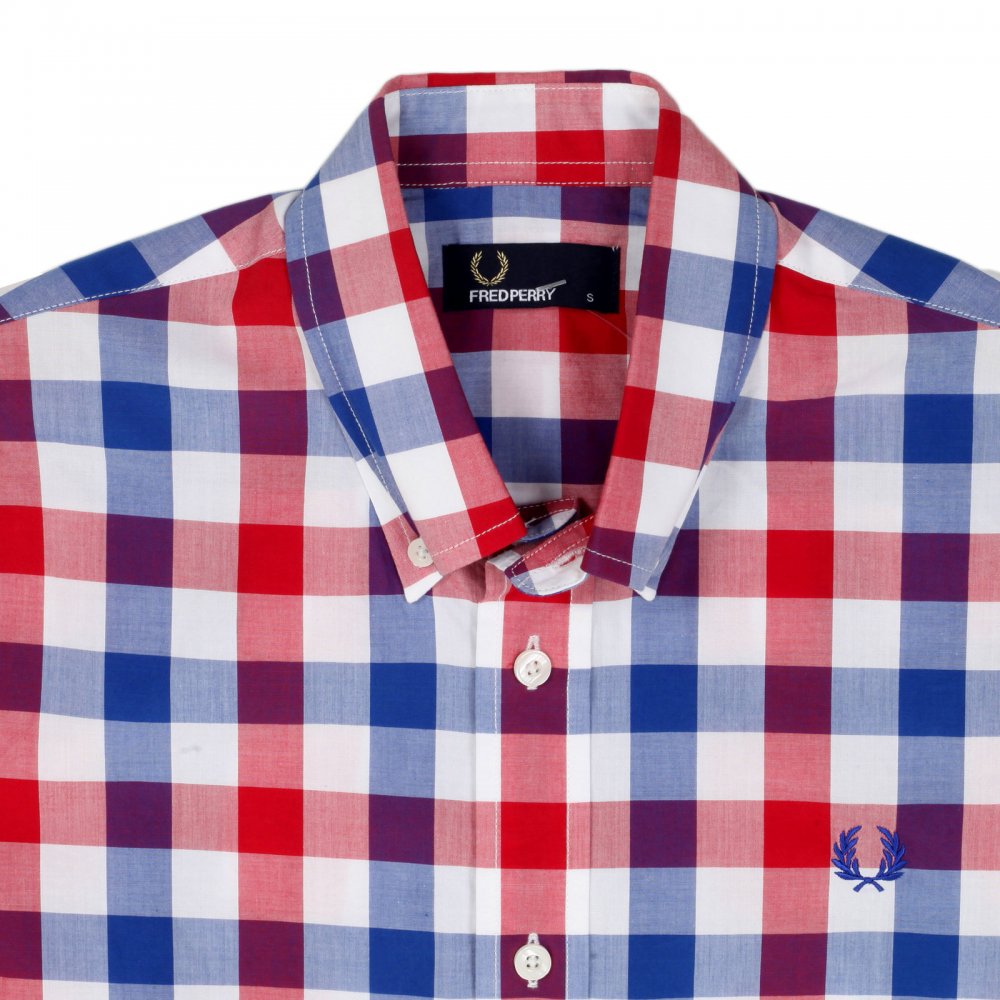Mens White Blood Red and Navy Check Regular Fit Short Sleeve Cotton Shirt