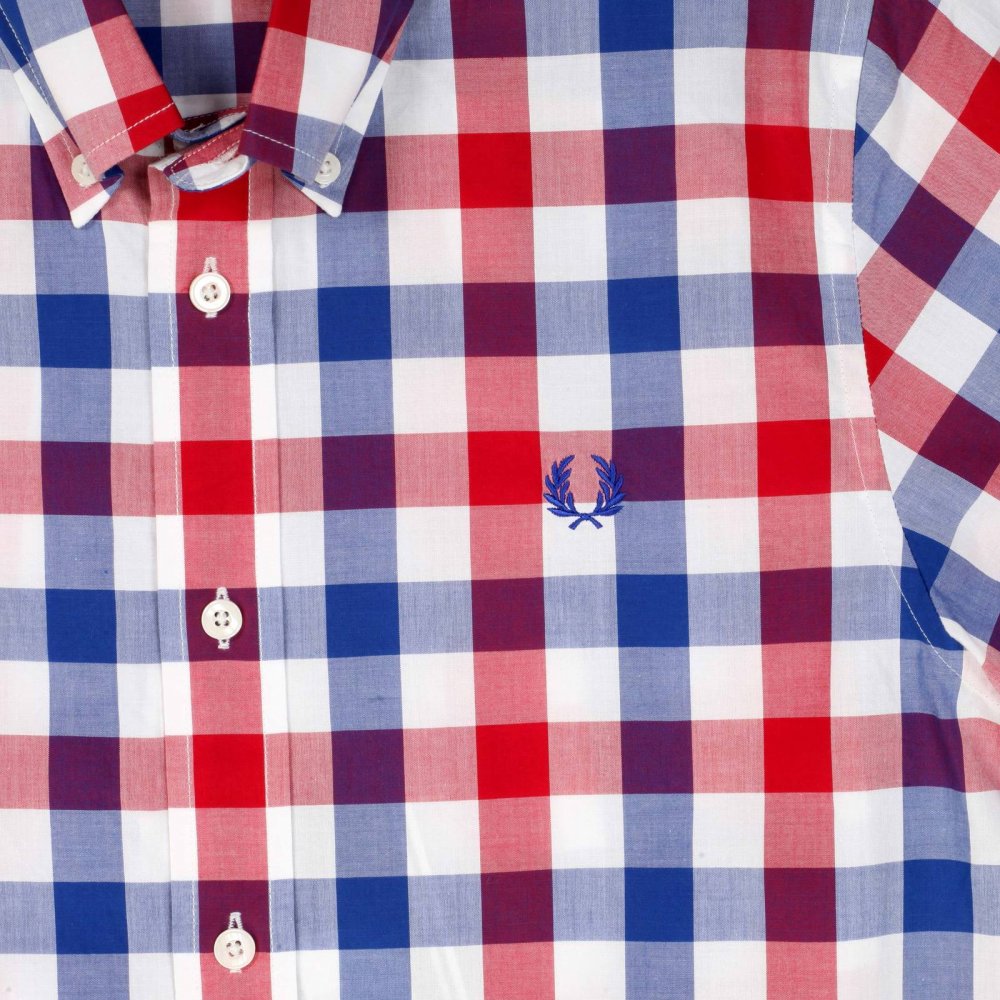Mens White Blood Red and Navy Check Regular Fit Short Sleeve Cotton Shirt