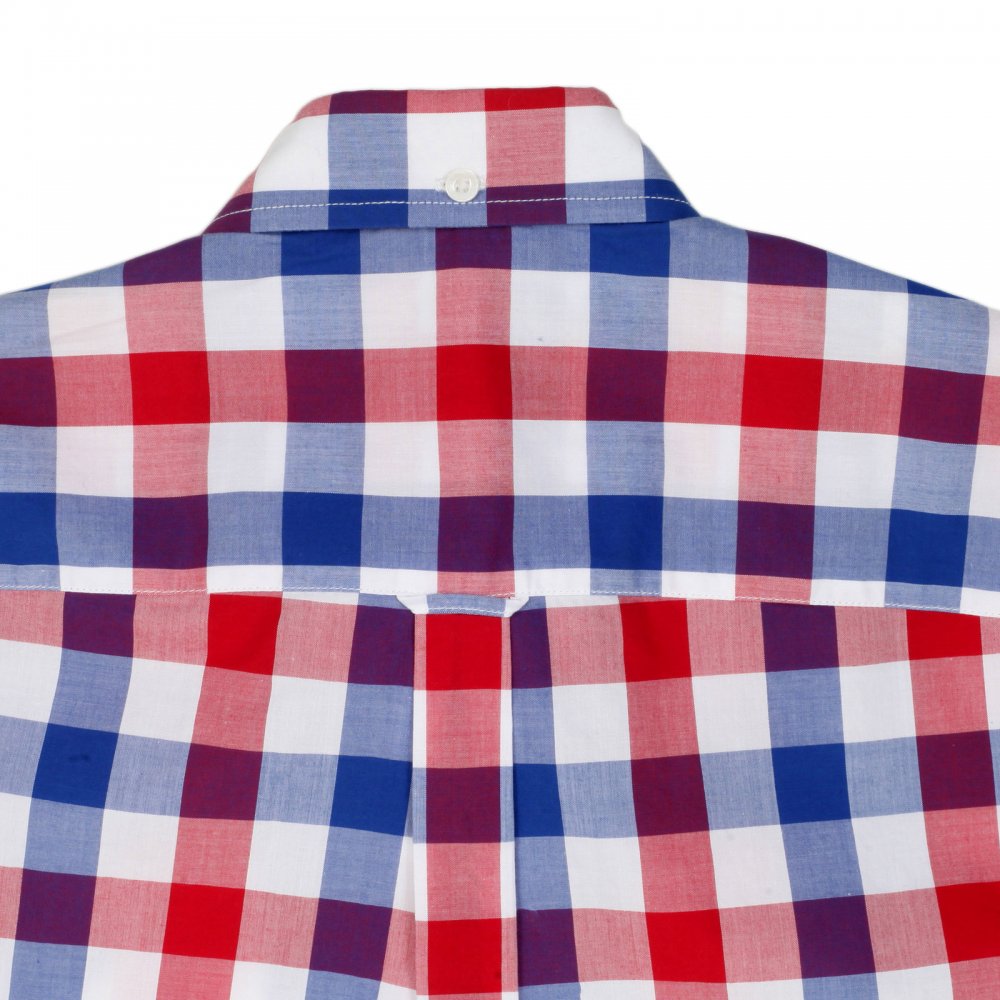 Mens White Blood Red and Navy Check Regular Fit Short Sleeve Cotton Shirt