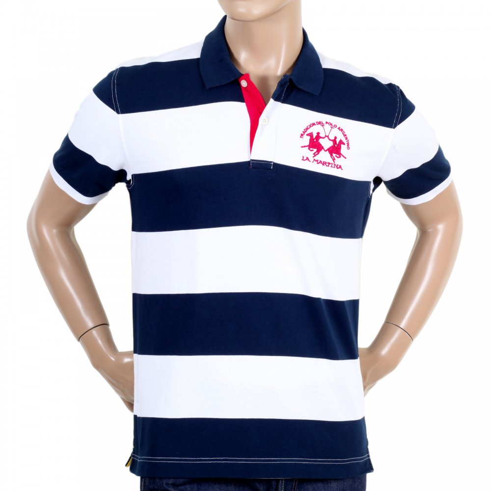 Mens Regular Fit Navy and Optic White Stripe Polo Shirt