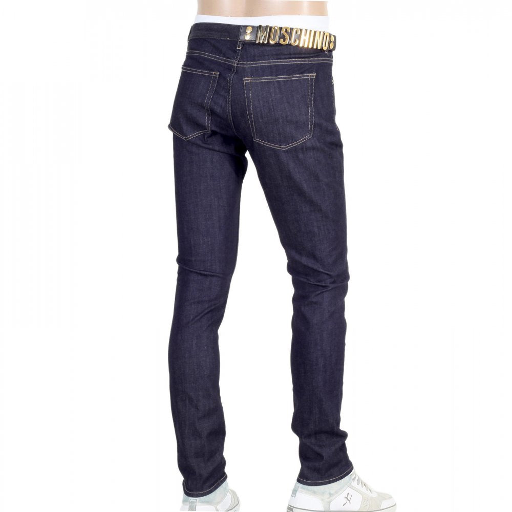 Mens Dark Indigo Stretch Denim Jeans with Gold Logo