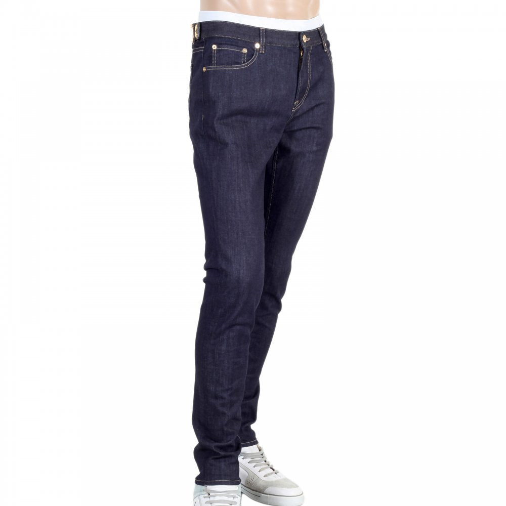 Mens Dark Indigo Stretch Denim Jeans with Gold Logo