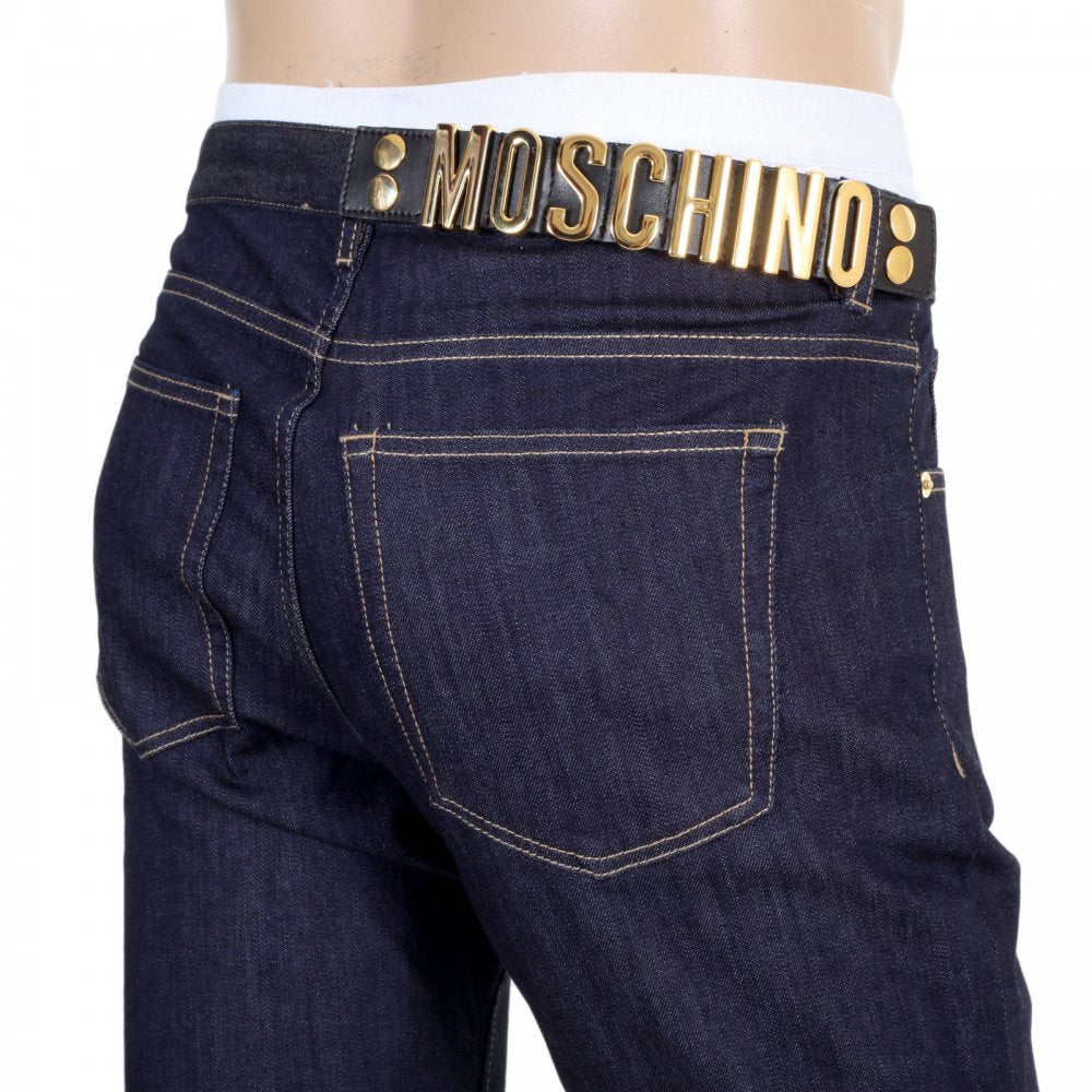 Mens Dark Indigo Stretch Denim Jeans with Gold Logo