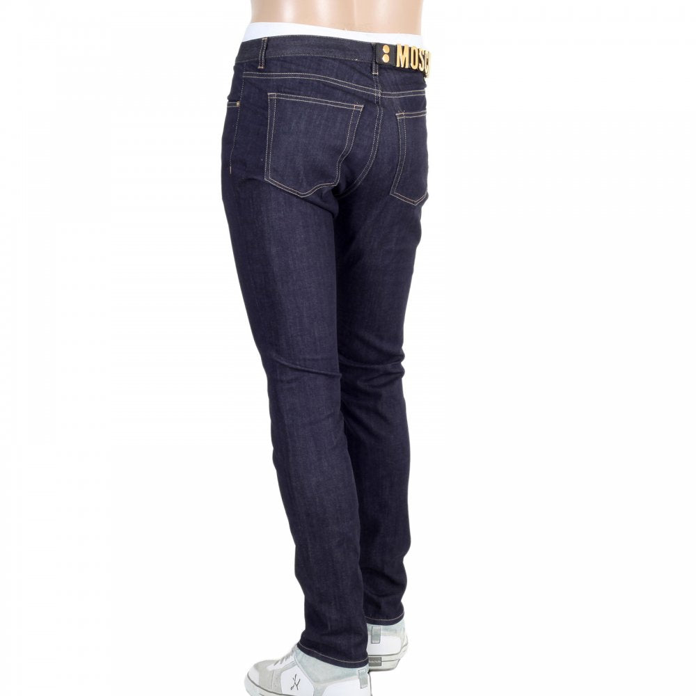 Mens Dark Indigo Stretch Denim Jeans with Gold Logo