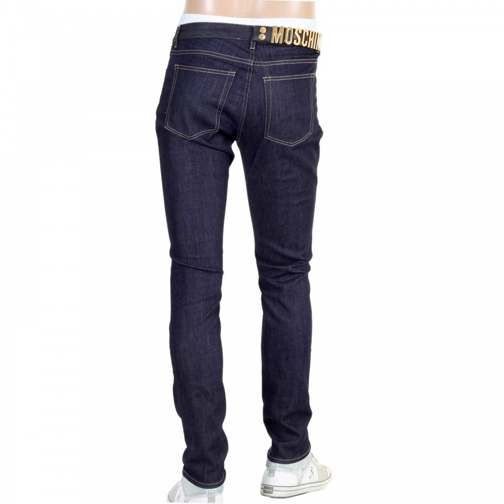 Mens Dark Indigo Stretch Denim Jeans with Gold Logo