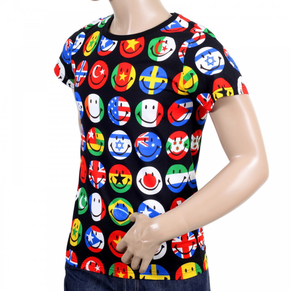 Mens Multi Color Printed Smiley Face World Flags Short Sleeve Crew Neck T-Shirt