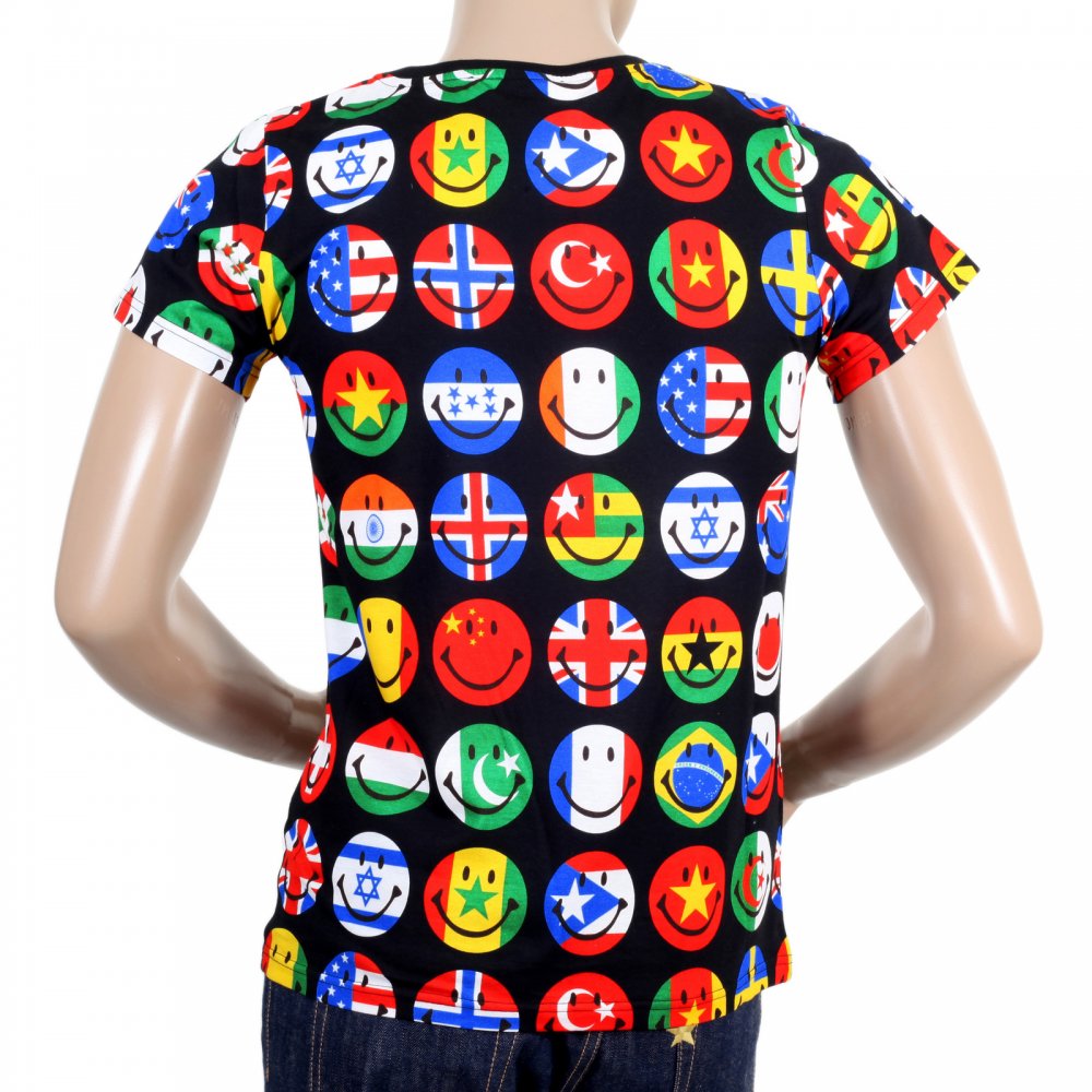Mens Multi Color Printed Smiley Face World Flags Short Sleeve Crew Neck T-Shirt
