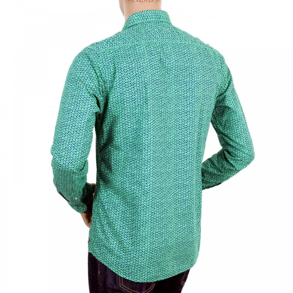 Mens Green and Navy Jacquard Cotton Regular Fit Printed Shirt