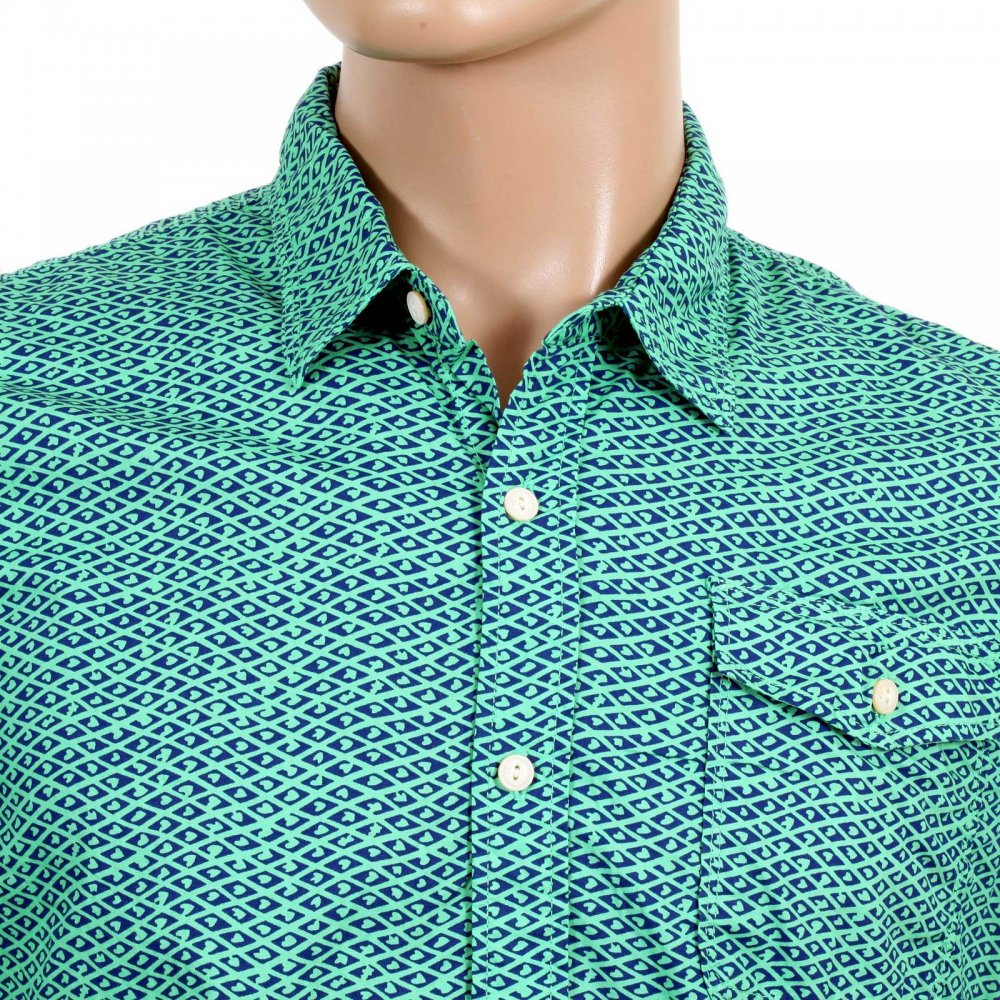 Mens Green and Navy Jacquard Cotton Regular Fit Printed Shirt