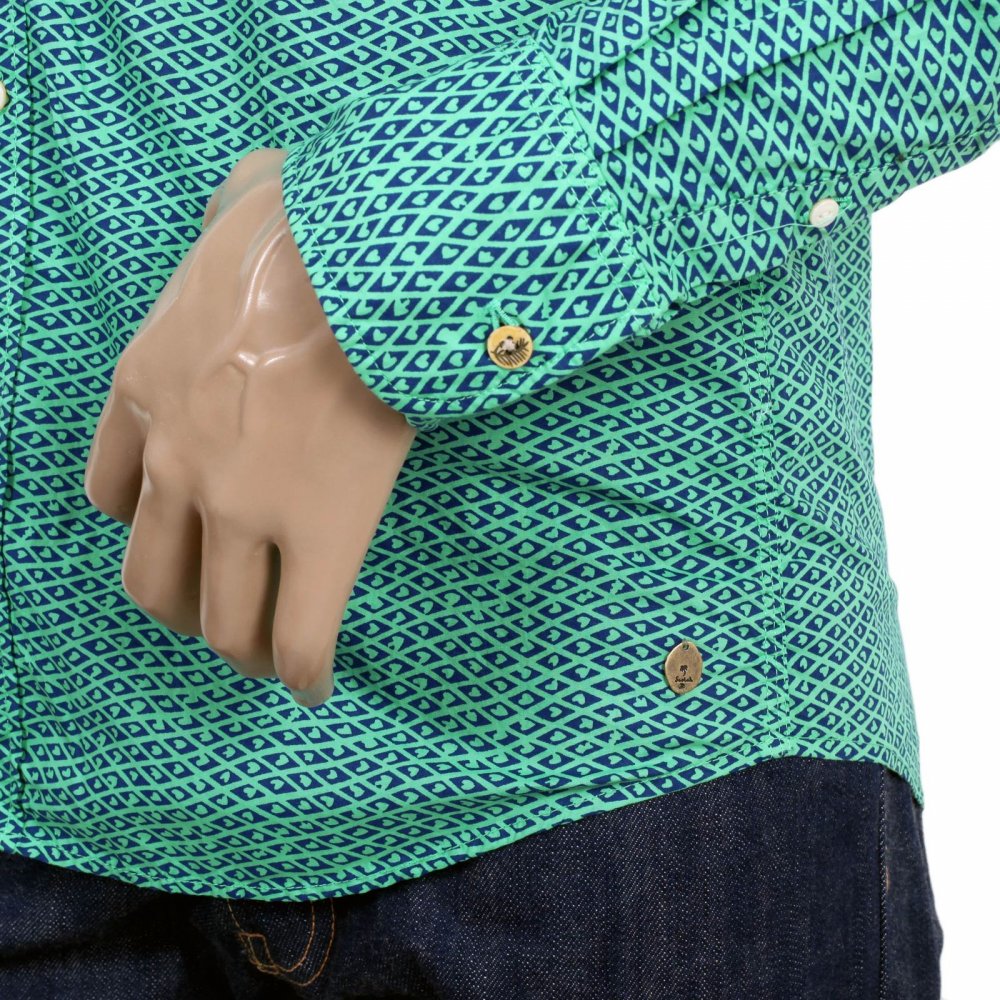 Mens Green and Navy Jacquard Cotton Regular Fit Printed Shirt