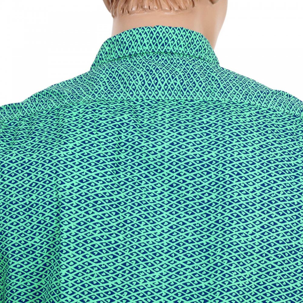 Mens Green and Navy Jacquard Cotton Regular Fit Printed Shirt