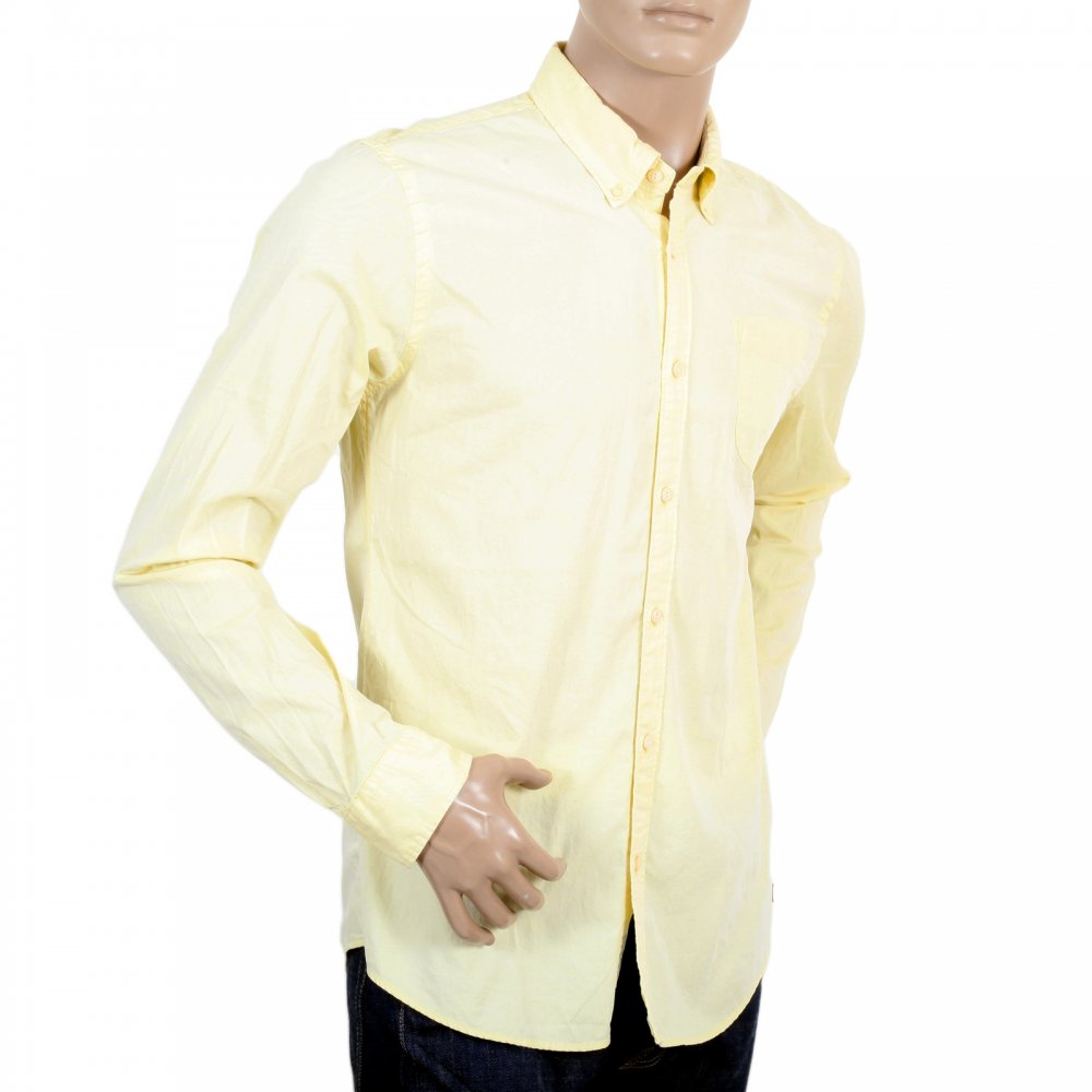 Mens Washed Yellow Cotton Button down Collar Long Sleeve Shirt