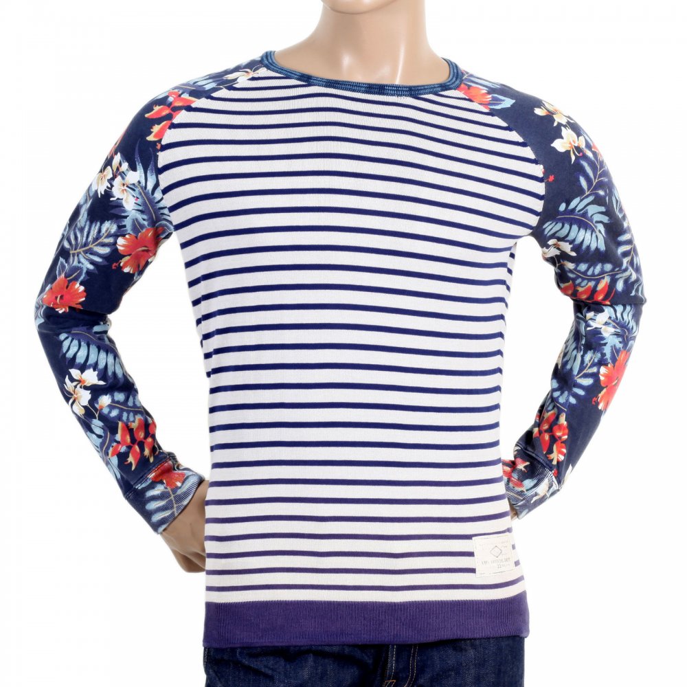 Mens Regular Fit Pullover Printed Sweatshirt with Blue and Beige Stripe