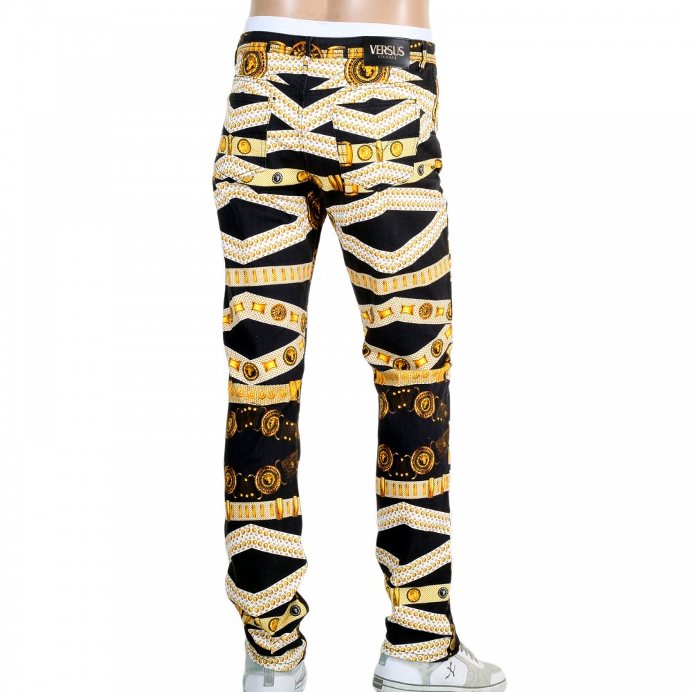 Mens Gold and Black Slim Fit Stretch Jeans with Print