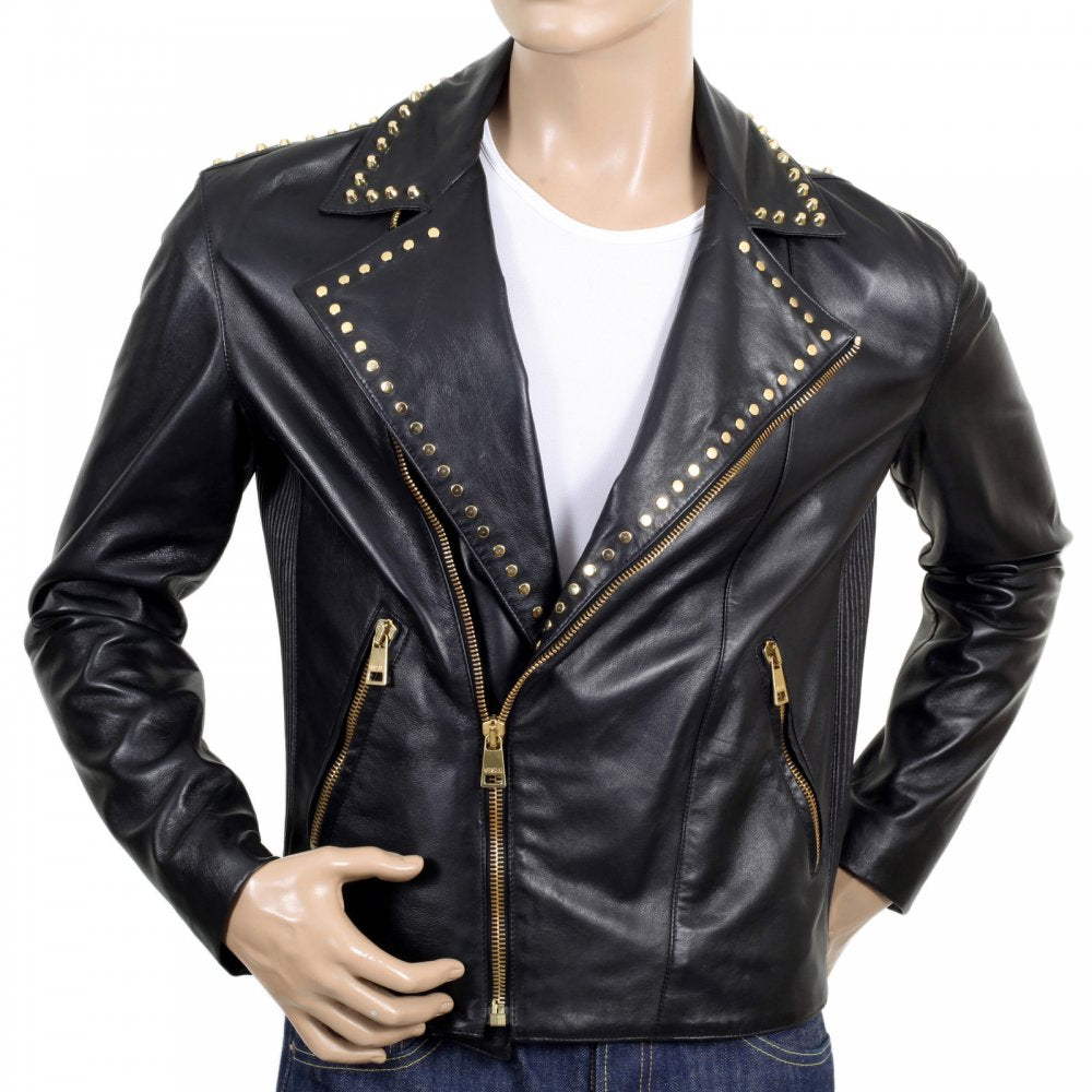 Buy Mens Biker Studded Leather Zipped Jacket in Black