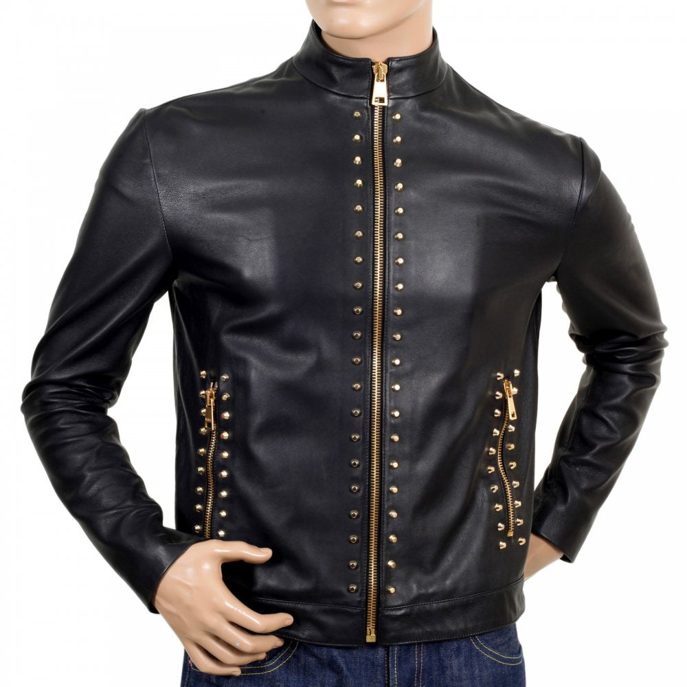 Mens Black Leather Collar Zipped Studded Jacket