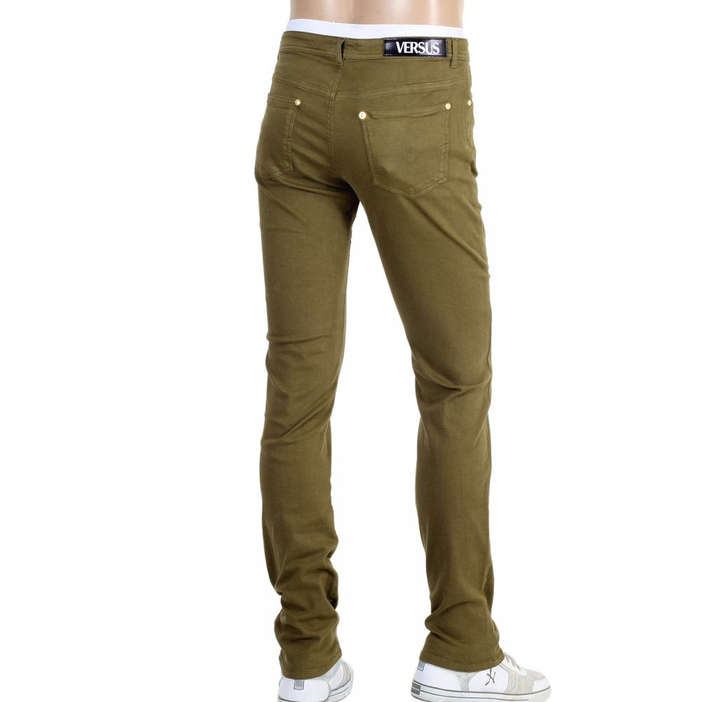 Mens Khaki Slim Fit Stretch Jeans with Gold Lion Head Studs