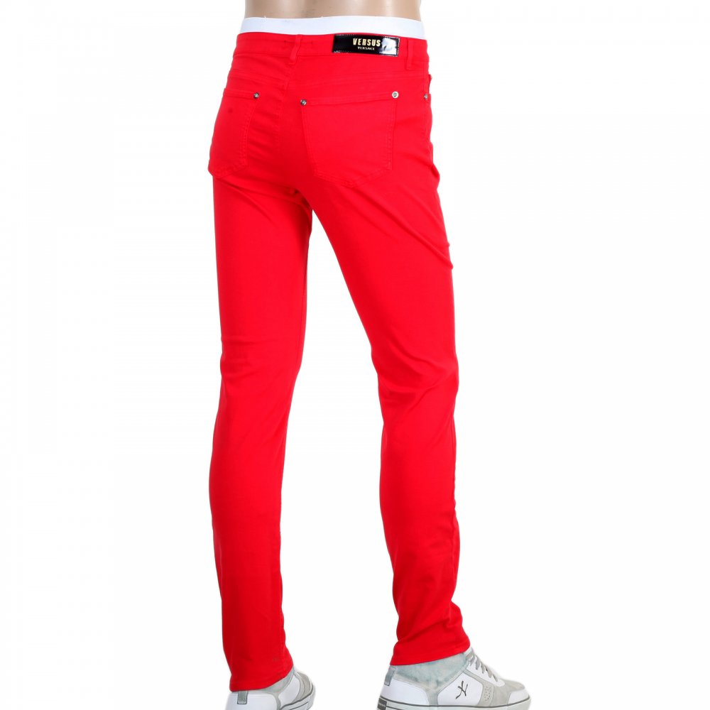 Mens Stretch Cotton Slim Fit Jeans in Red with Lion Head Studs