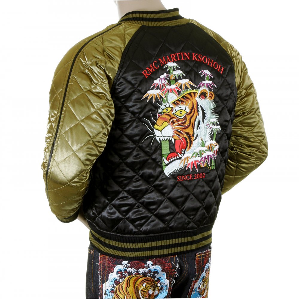 Mens Super Exclusive Design Silk Quilted Reversible Jacket with Embroidered Tiger Head