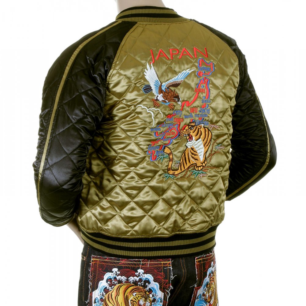 Mens Super Exclusive Design Silk Quilted Reversible Japan Jacket with Embroidered Eagle and Tiger