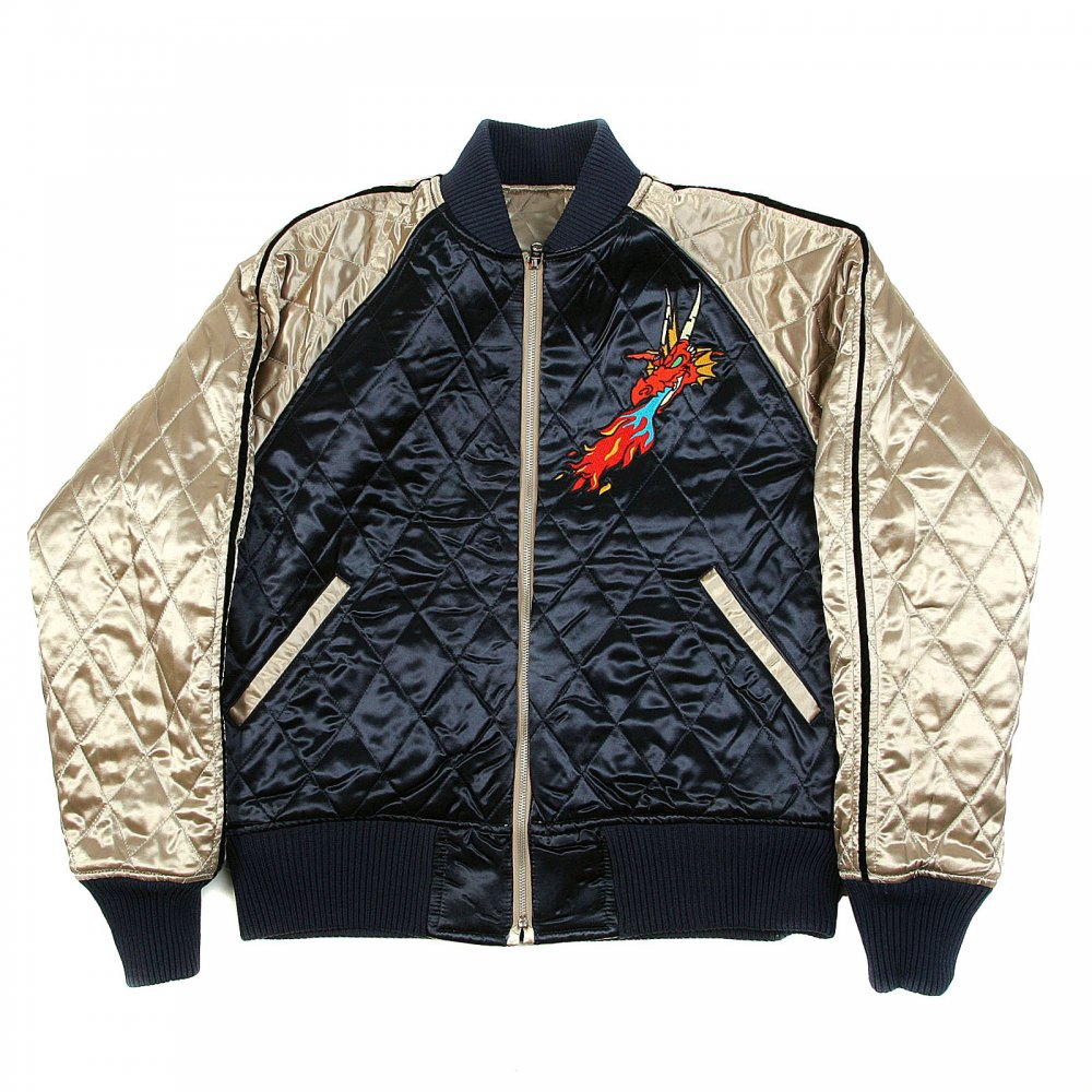 Fully Reversible Navy and Champagne Regular Fit Quilted Blouson jacket with Dragon Claw Embroidery