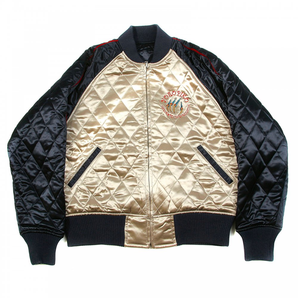 Navy and Champagne Fully Reversible Quilted Regular Fit Blouson Jacket with Hungry Dragon Embroidery