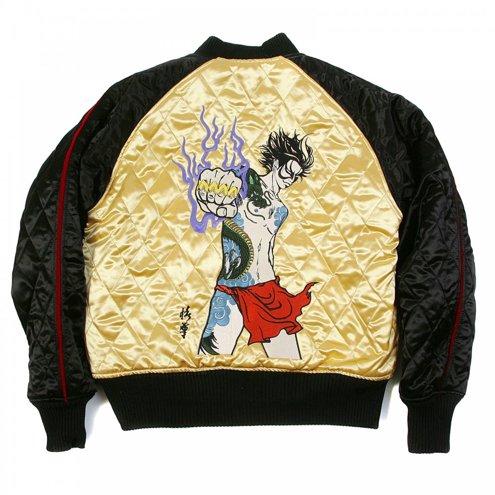 Black and Gold Quilted Regular Fit Blouson Jacket with Embroidered Samurai Woman and 4A Hero