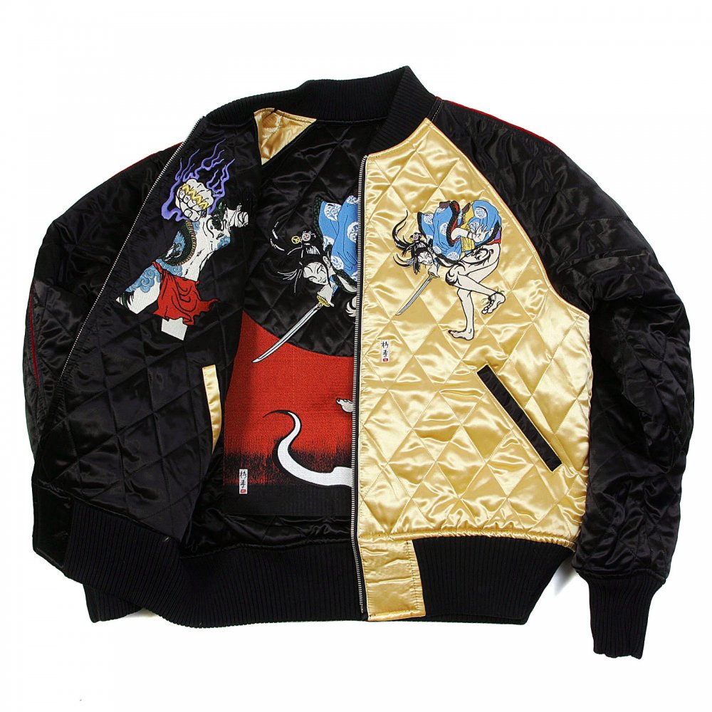 Black and Gold Quilted Regular Fit Blouson Jacket with Embroidered Samurai Woman and 4A Hero