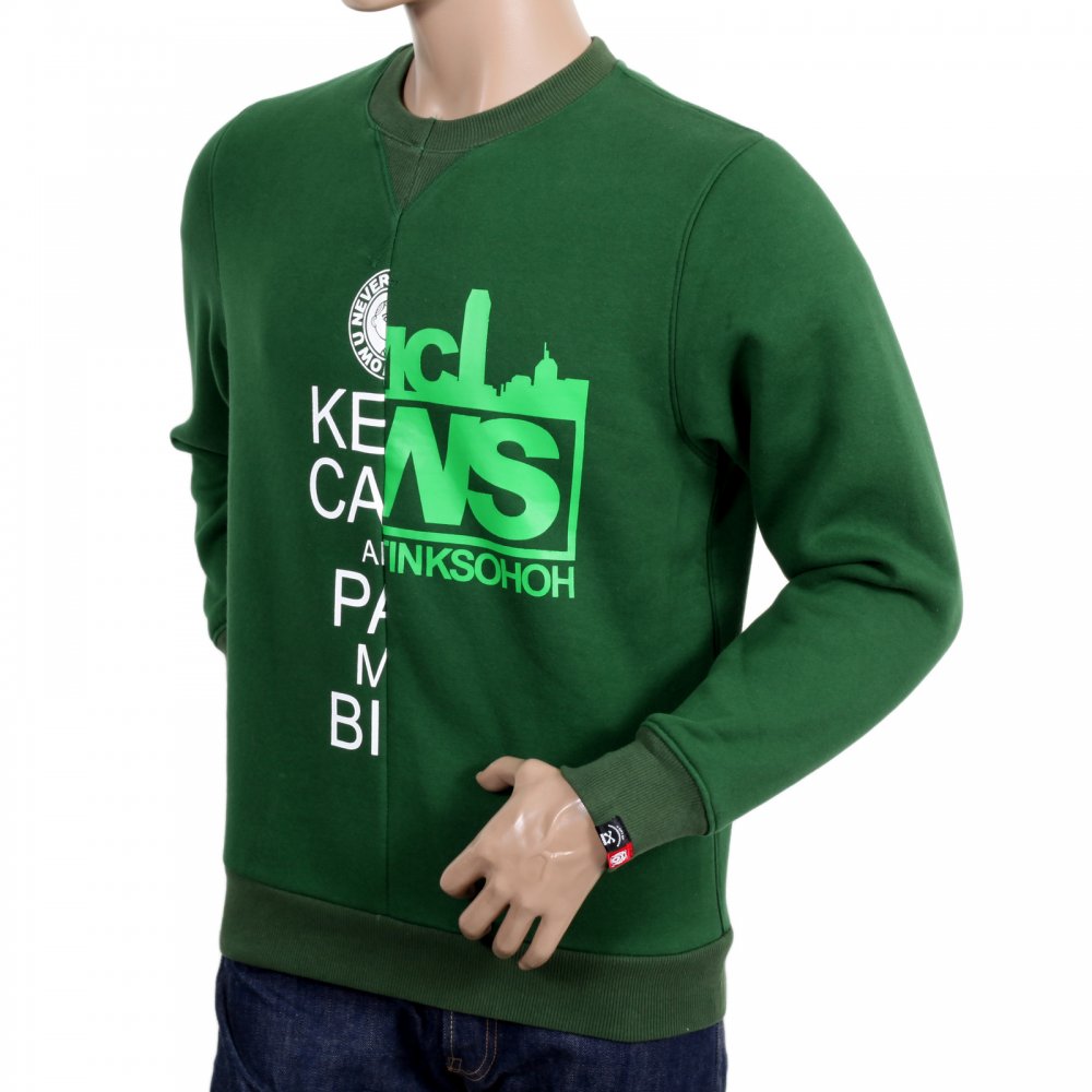 Mens Custom Made Green Crew Neck Cotton Sweatshirt with Mixed Printed Logo