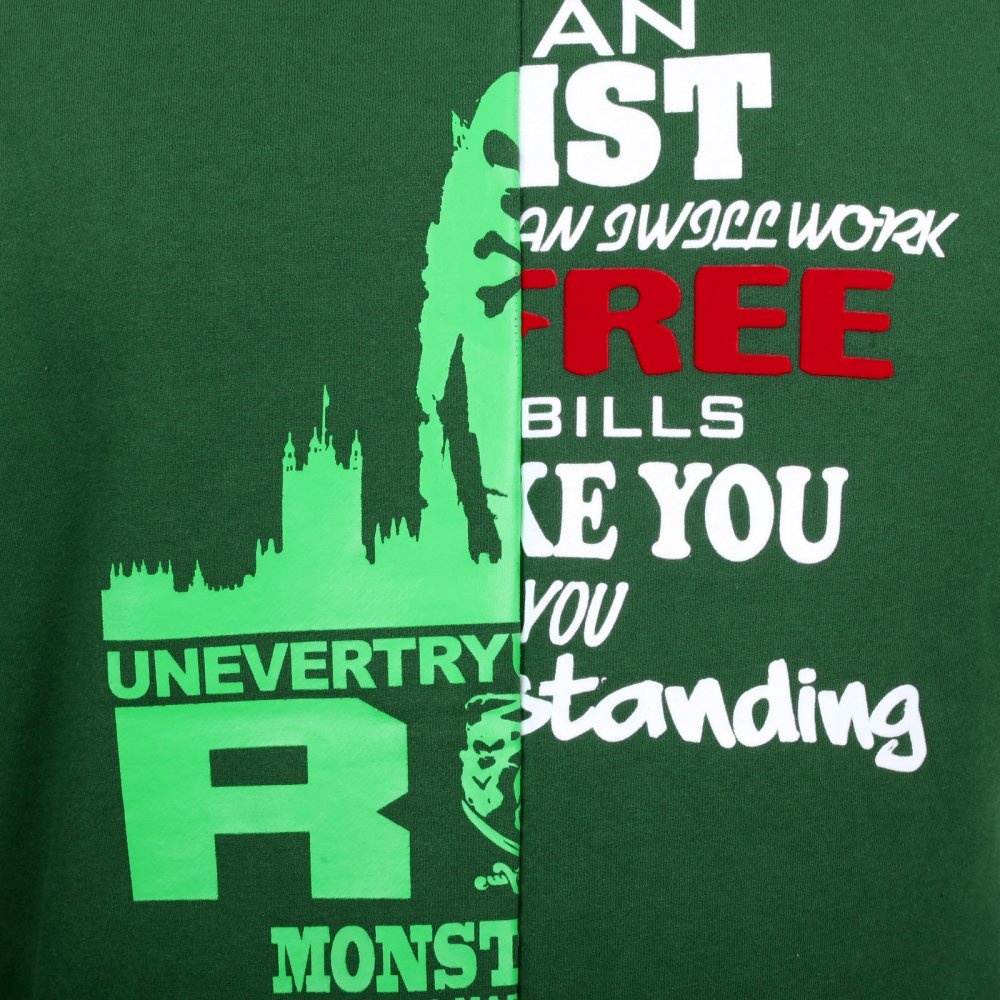 Mens Custom Made Green Crew Neck Cotton Sweatshirt with Mixed Printed Logo