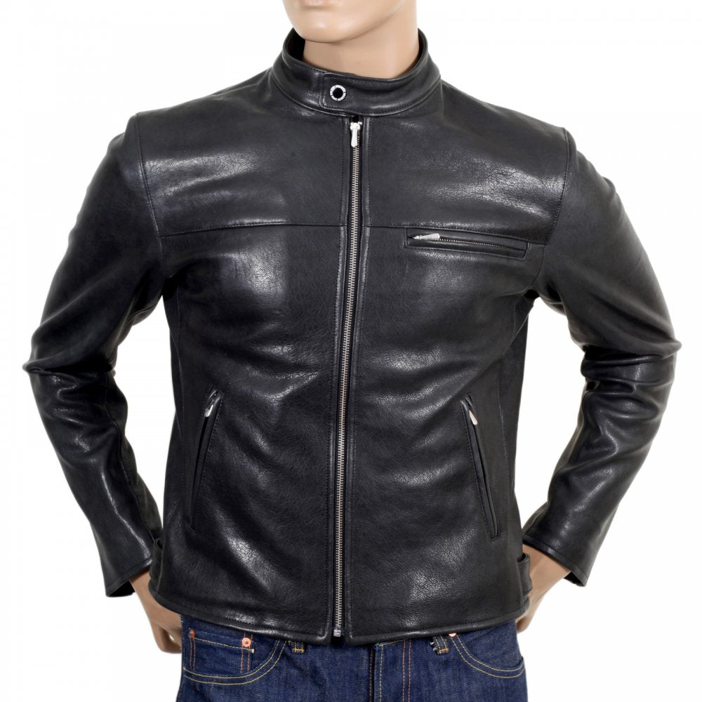 Black Kid Leather Zipped Biker Jacket with Nehru Collar