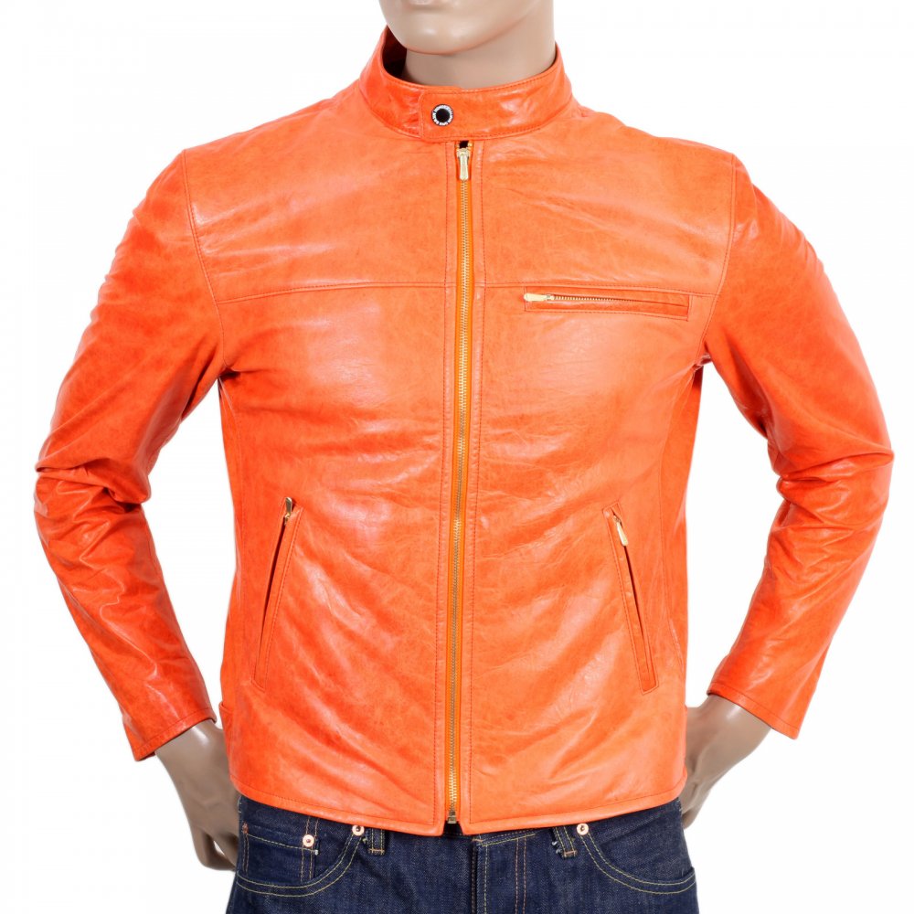 Orange Kid Leather Zipped Biker Jacket with Nehru Collar