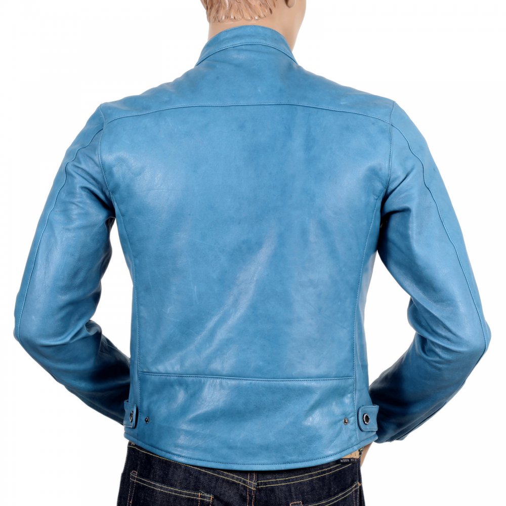 Blue Kid Leather Zipped Biker Jacket with Nehru Collar