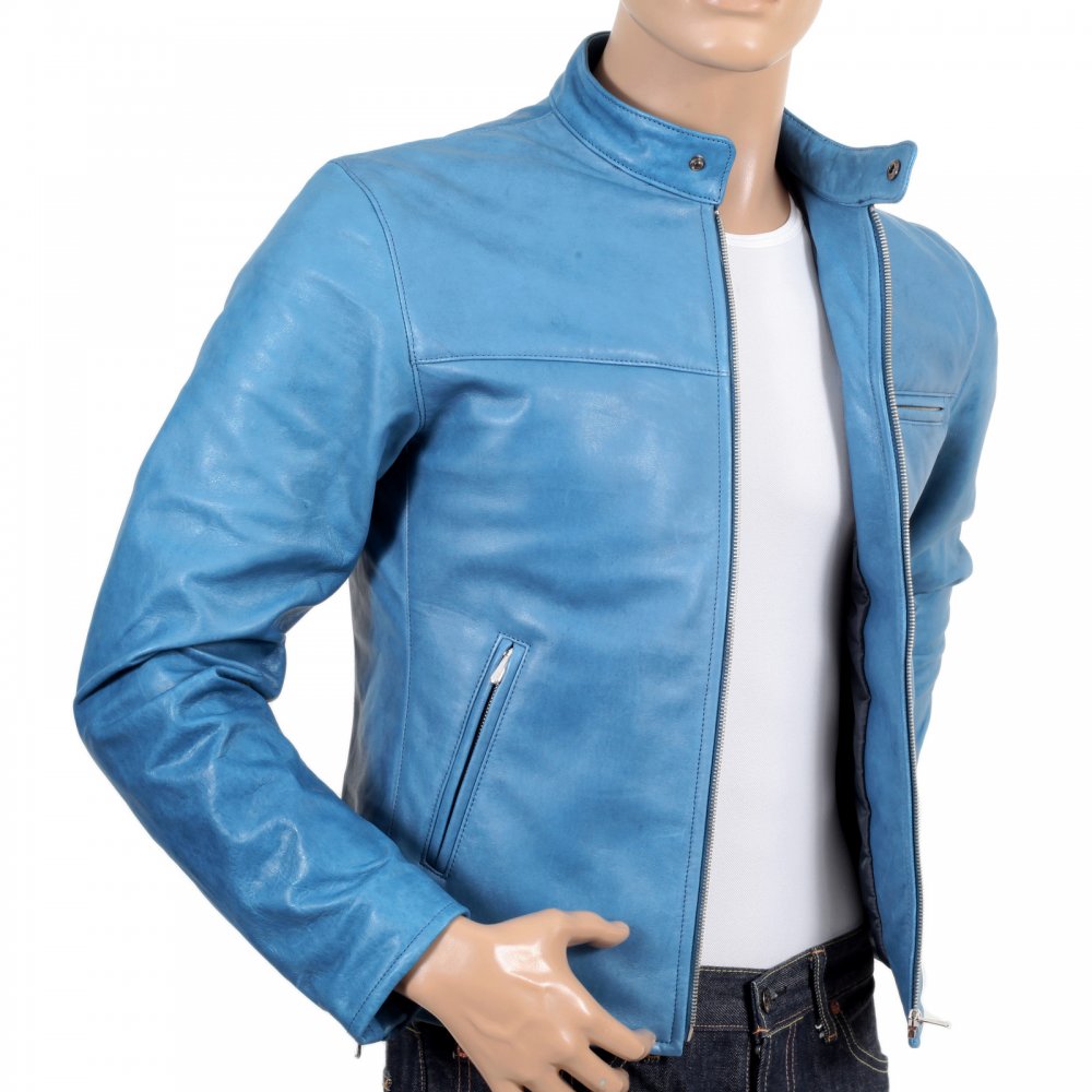 Blue Kid Leather Zipped Biker Jacket with Nehru Collar