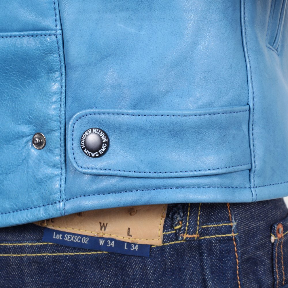 Blue Kid Leather Zipped Biker Jacket with Nehru Collar
