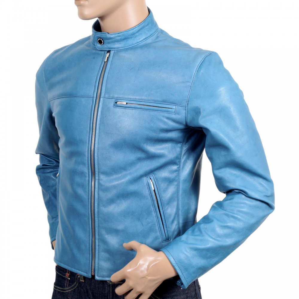 Blue Kid Leather Zipped Biker Jacket with Nehru Collar