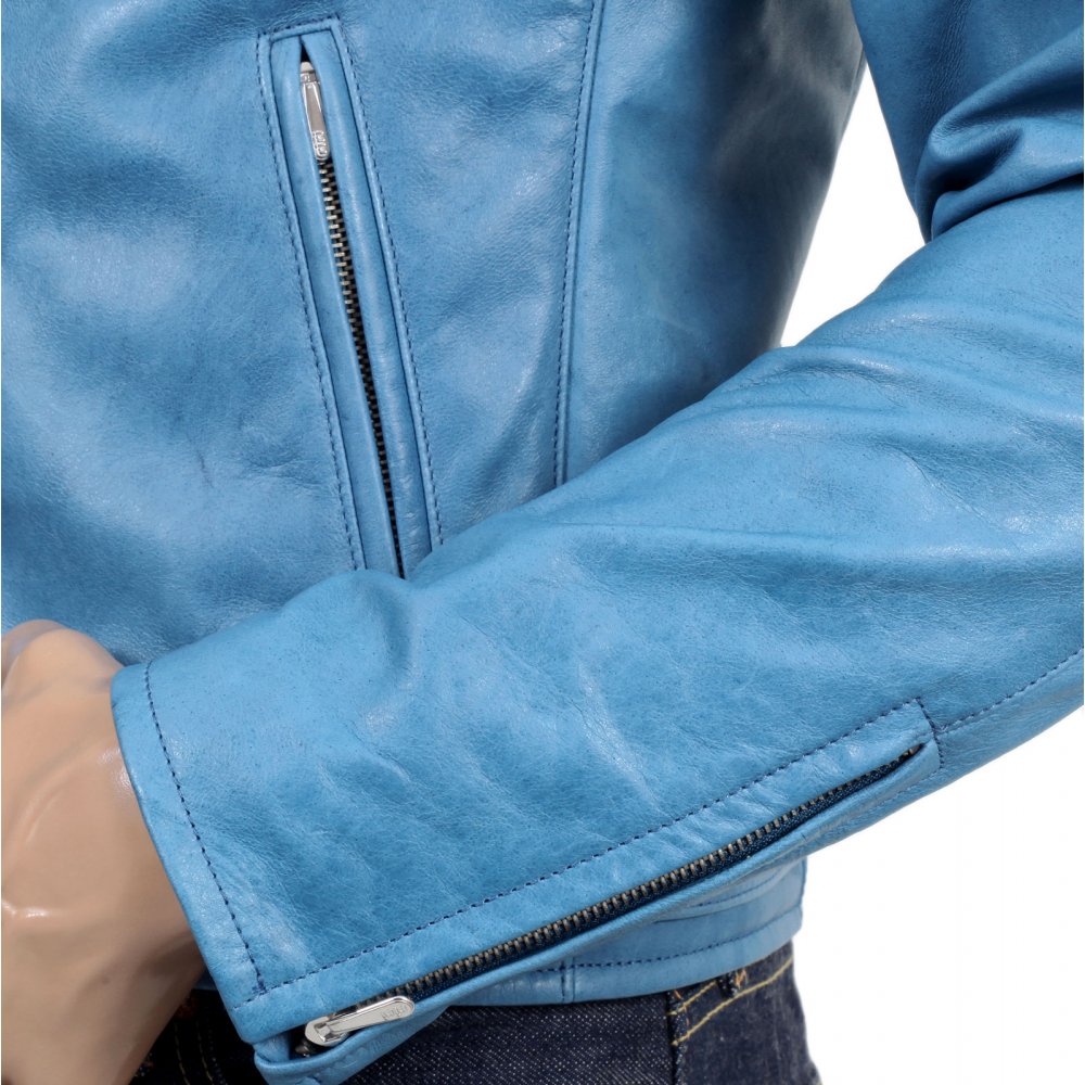 Blue Kid Leather Zipped Biker Jacket with Nehru Collar