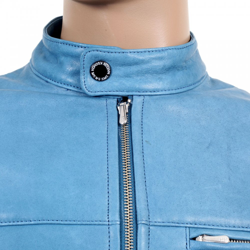 Blue Kid Leather Zipped Biker Jacket with Nehru Collar