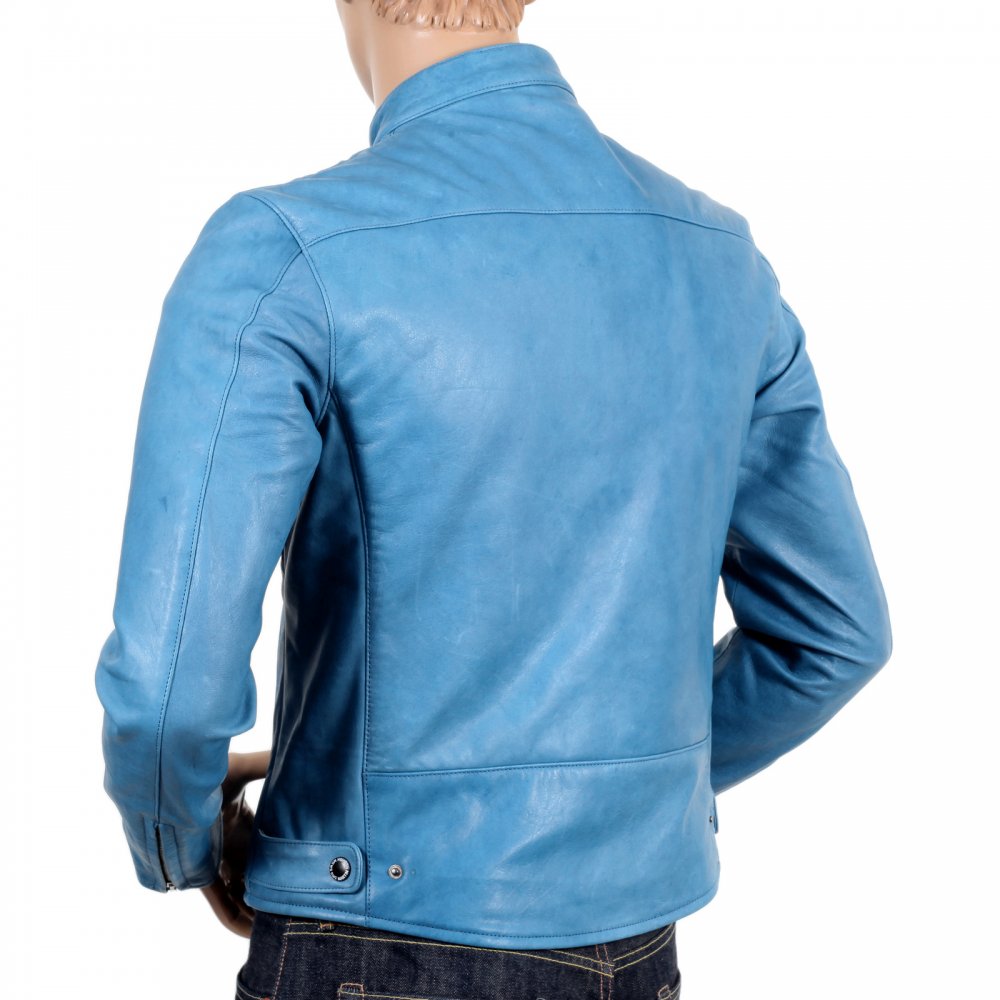 Blue Kid Leather Zipped Biker Jacket with Nehru Collar