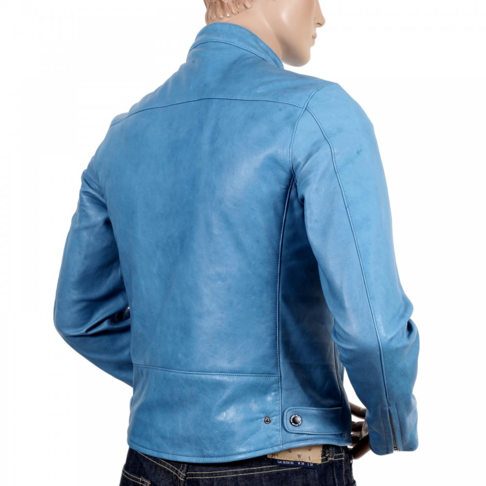 Blue Kid Leather Zipped Biker Jacket with Nehru Collar