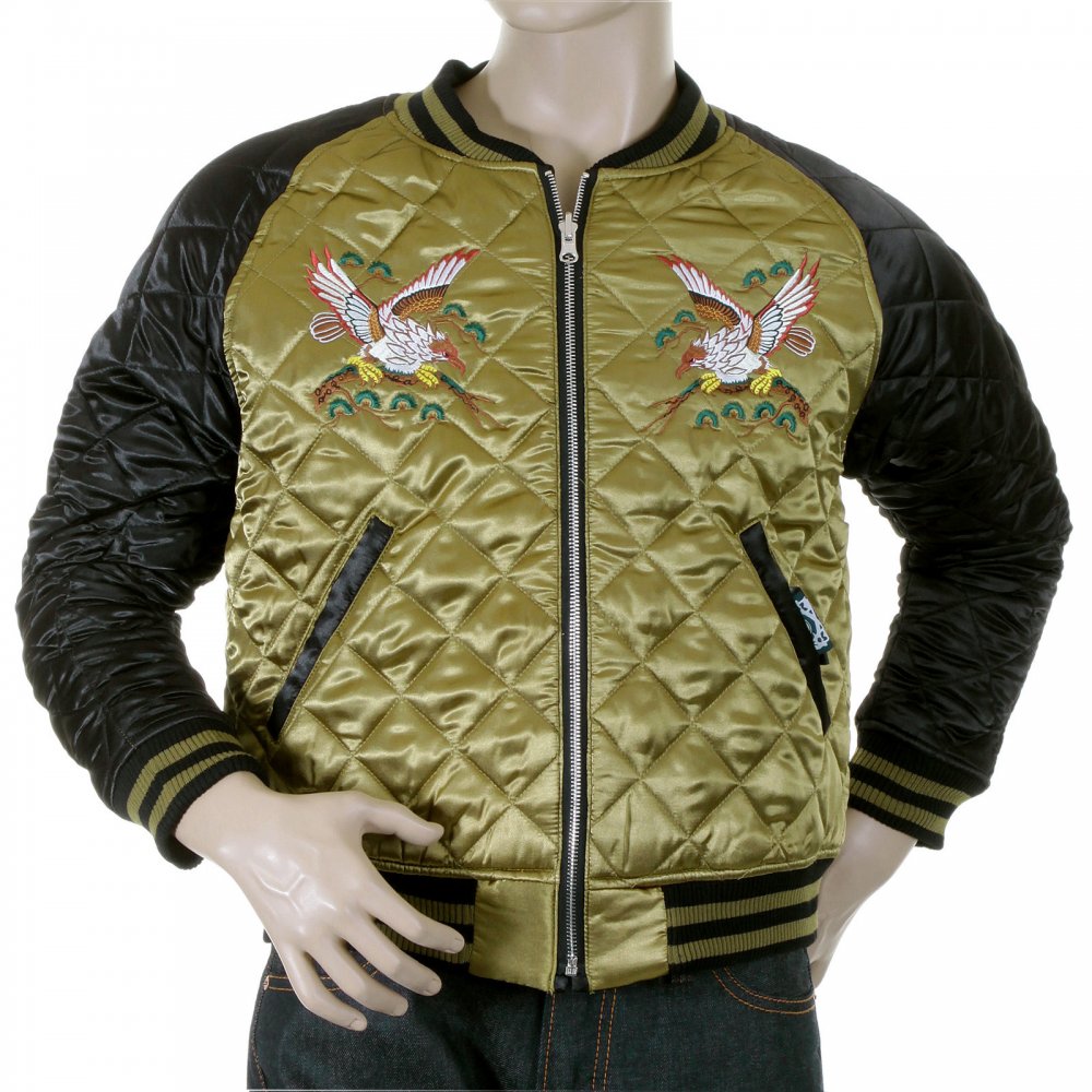 Fully Reversible Gold and Black Silk Quilted Jacket with Embroidered Eagle and Tiger