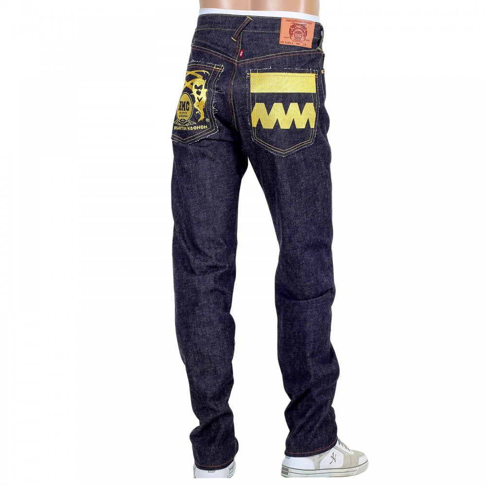 Embroidered Gold and Red FM Union Japanese Selvedge Indigo Raw Denim
